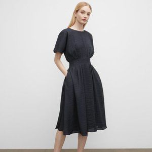 Club Monaco Navy Midi Dress Textured Fabric Dolman Sleeves Full Skirt